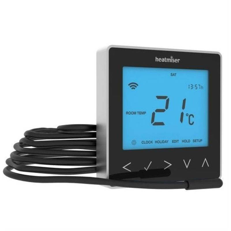 Heatmiser neoStat smart thermostat with white sensor housing and touchscreen heating controls