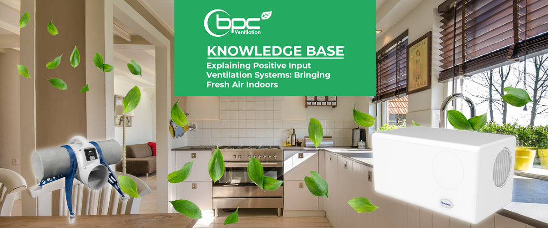 Positive Input Ventilation (PIV) system supplying continuous fresh filtered air into a home to reduce condensation, improve indoor air quality and expel stale moisture-laden air
