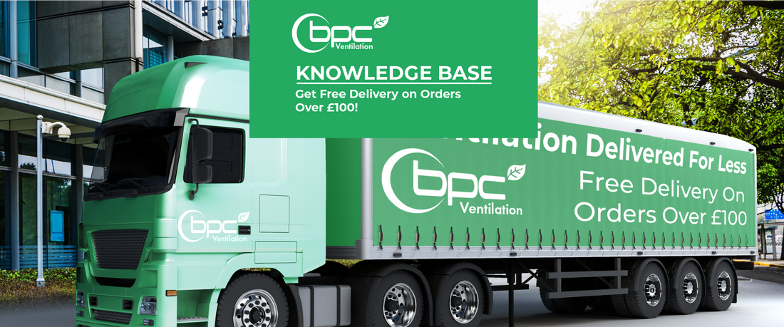 Free delivery offer banner from BPC Ventilation showing orders over £100 qualifying for no delivery charge on MVHR systems, ducting and ventilation products