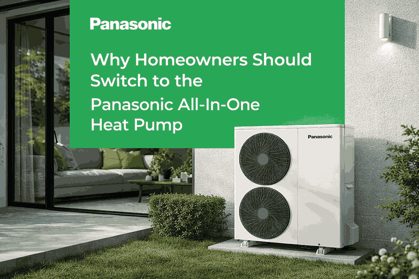 Panasonic all-in-one air to water heat pump system providing energy-efficient heating, cooling and hot water for modern homes