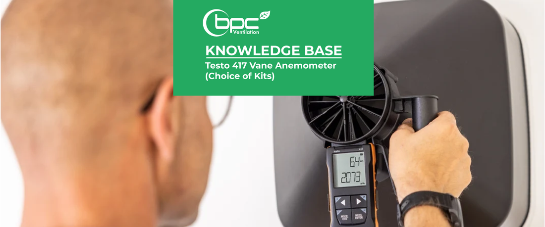 Testo 417 vane anemometer kit measuring airflow and volume in HVAC ventilation systems with funnels and accessories