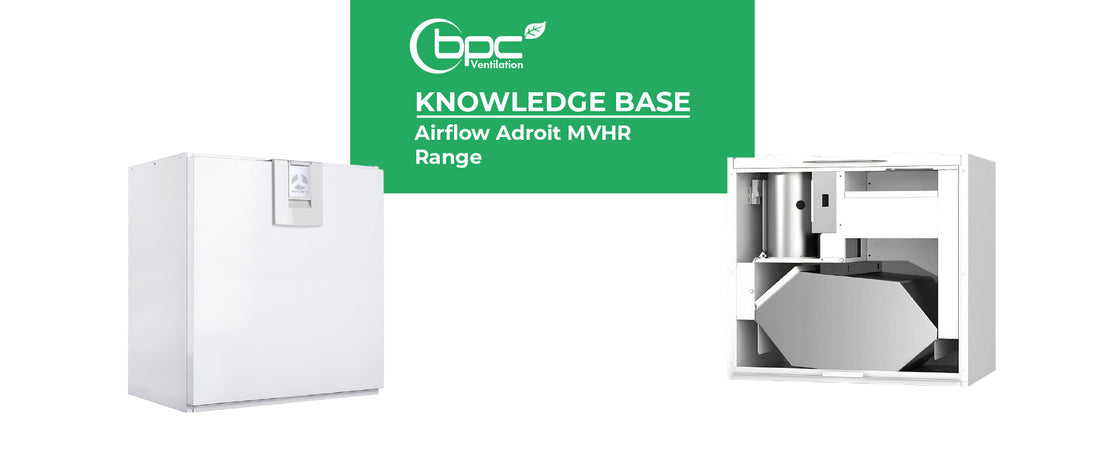 Airflow Adroit MVHR range of mechanical ventilation units with heat recovery featuring energy-efficient airflow, smart digital controls, CO2 sensors and triple filtration for modern homes