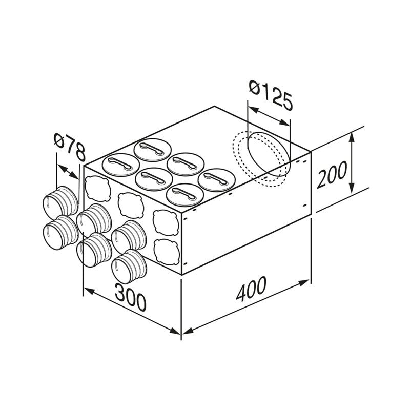 Airflow 6 Spigot in line Distribution box, round spigots - narrow