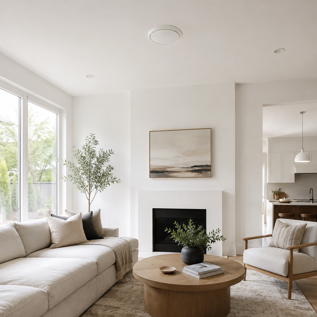 Modern living room with neutral colors, a fireplace, and a round wooden coffee table.