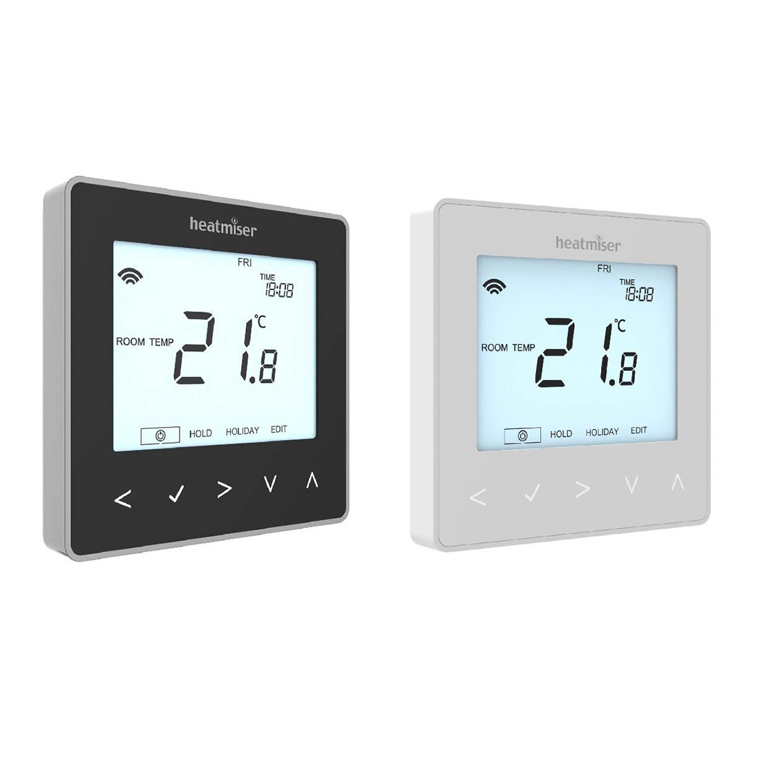 Heatmiser neoStat smart thermostat with white sensor housing and touchscreen heating controls